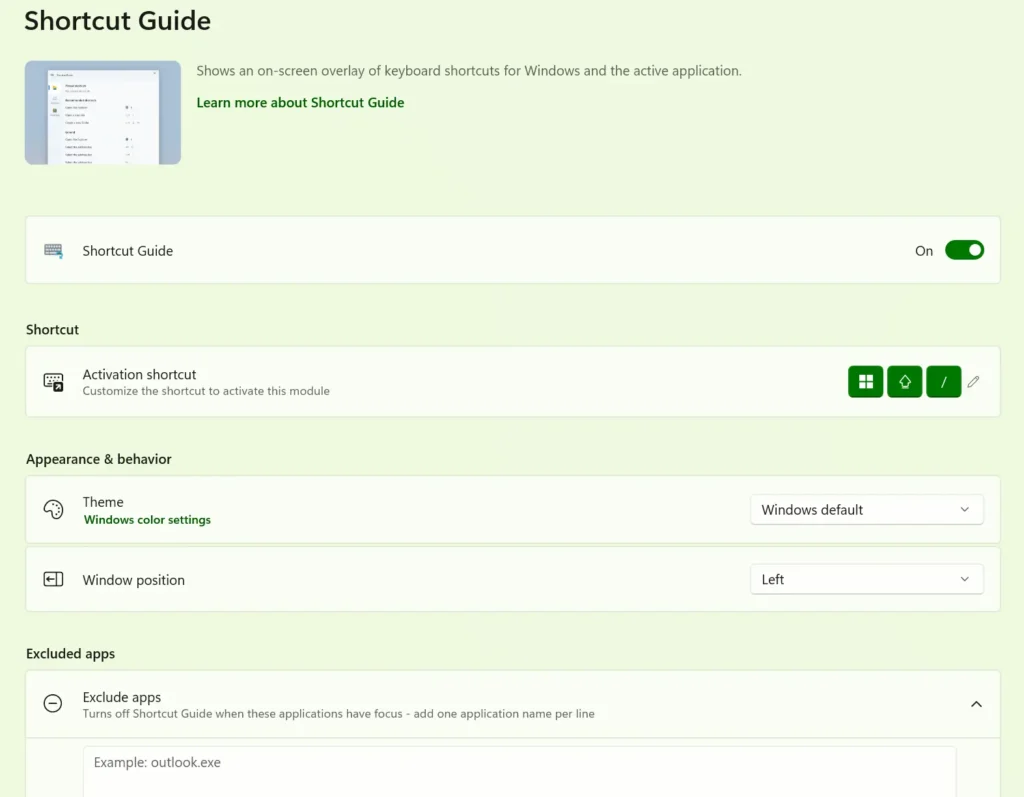 A screenshot of the Microsoft PowerToys configuration panel for Shortcut Guide. The settings interface shows the module toggle switch set to On, an custom Activation shortcut assigned to Windows, Shift, and Forward Slash, along with customizable drop-down sections for Theme, Window position, and Excluded apps.