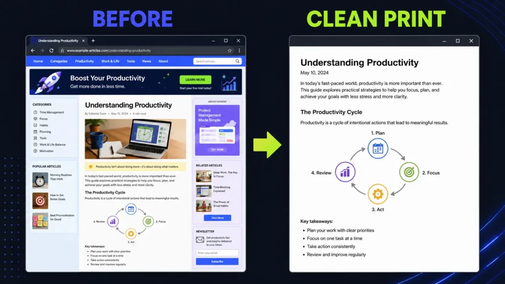 Before and after view of a cluttered productivity article converted into a clean printable page.