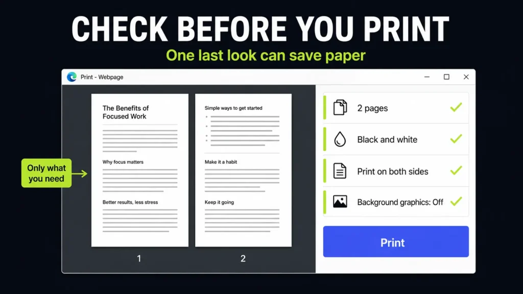 Print preview checklist showing two pages, black and white, double-sided printing, and background graphics off.