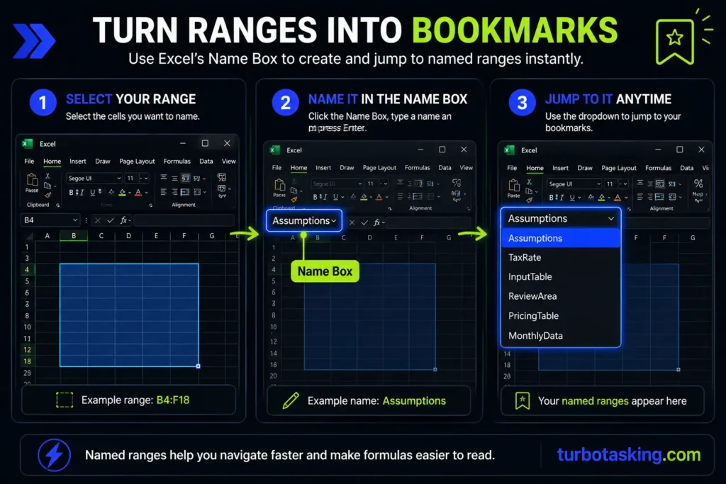 A three-panel step-by-step infographic titled TURN RANGES INTO BOOKMARKS by turbotasking.com. Panel 1, SELECT YOUR RANGE, shows a highlighted cell block from B4 to F18 in Excel. Panel 2, NAME IT IN THE NAME BOX, highlights the Name Box input field where the word Assumptions is typed. Panel 3, JUMP TO IT ANYTIME, displays the expanded Name Box dropdown menu revealing a list of custom named ranges including Assumptions, TaxRate, and PricingTable, functioning as quick navigation bookmarks.