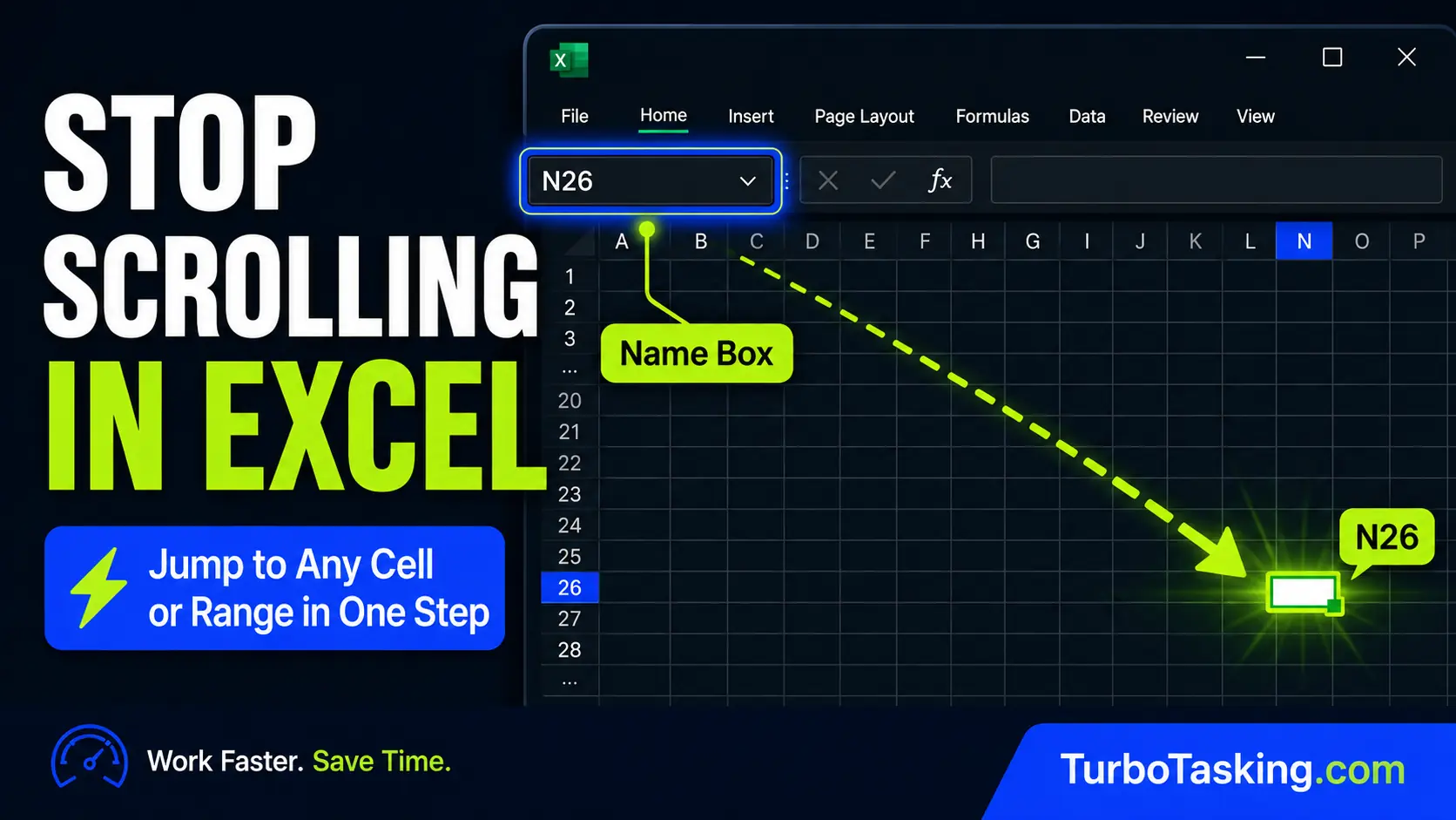 An infographic guide cover titled STOP SCROLLING IN EXCEL by TurboTasking, showcasing quick spreadsheet navigation features. The interface features a dark mode Microsoft Excel window highlighting the Name Box input field with the query N26. A bright green dotted arrow points from the top-left corner across the spreadsheet grid directly to cell N26, which is illuminated with a neon glow effect, under the headline Jump to Any Cell or Range in One Step.