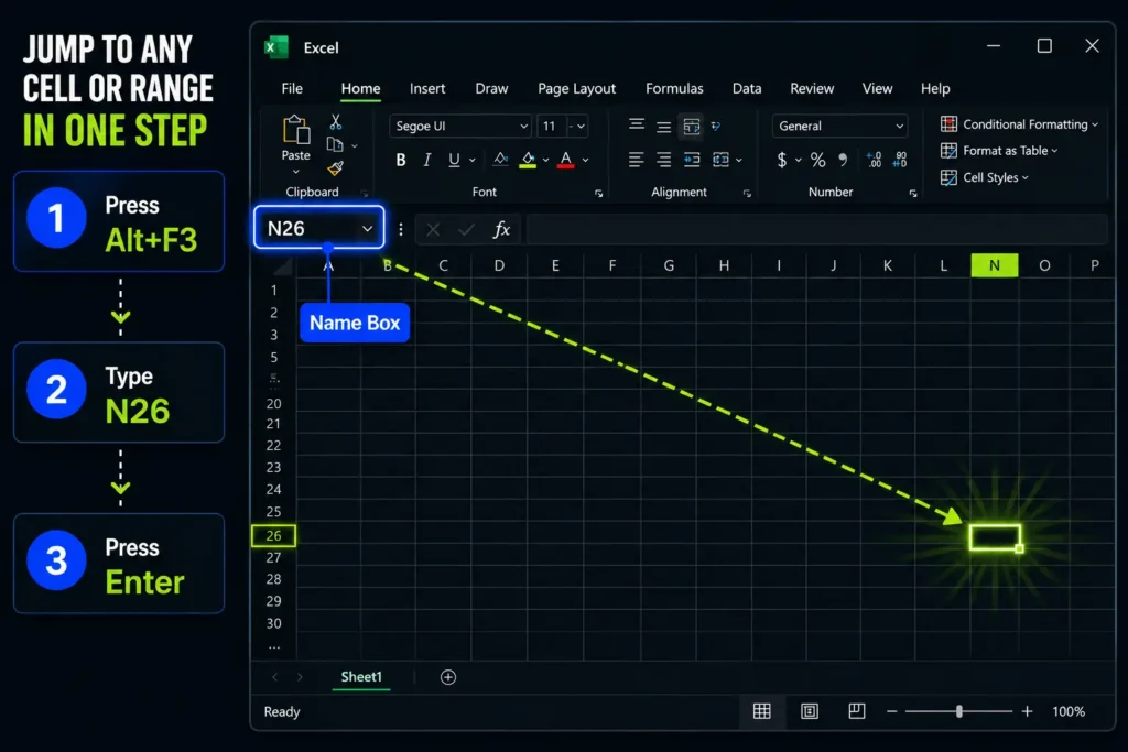 A step-by-step infographic guide titled JUMP TO ANY CELL OR RANGE IN ONE STEP. The left sidebar shows a 3-step workflow: 1. Press Alt plus F3, 2. Type N26, and 3. Press Enter. The right side features a dark mode Microsoft Excel window interface with the Name Box highlighted in blue. A green dotted arrow traces the movement from the Name Box input field directly down to the target cell N26, which is illuminated with a glowing border.