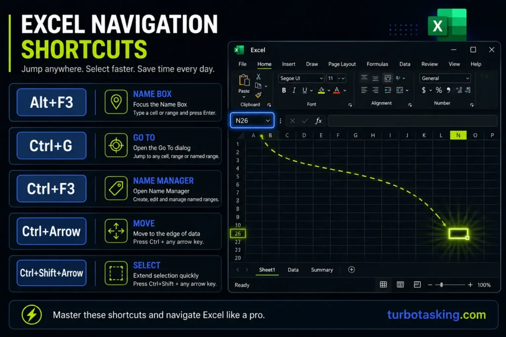 A comprehensive keyboard shortcut cheat sheet infographic titled EXCEL NAVIGATION SHORTCUTS by turbotasking.com. The left column lists five key shortcuts with descriptions: Alt plus F3 for Name Box, Ctrl plus G for Go To, Ctrl plus F3 for Name Manager, Ctrl plus Arrow for Move, and Ctrl plus Shift plus Arrow for Select. The right side displays a dark mode Microsoft Excel interface window showing a visual jump to cell N26 via the Name Box. The footer reads Master these shortcuts and navigate Excel like a pro.