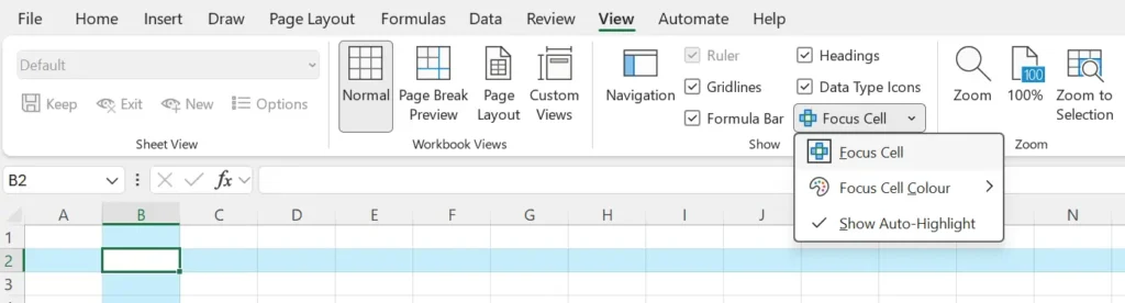 A technical close-up screenshot of the Microsoft Excel ribbon under the View tab, demonstrating the Focus Cell tool settings. On the right, an open dropdown menu under Focus Cell displays options including Focus Cell, Focus Cell Colour, and a checked setting for Show Auto-Highlight. Below the ribbon, the spreadsheet grid shows cell B2 active with a light blue crosshair highlight extending across its row and column.