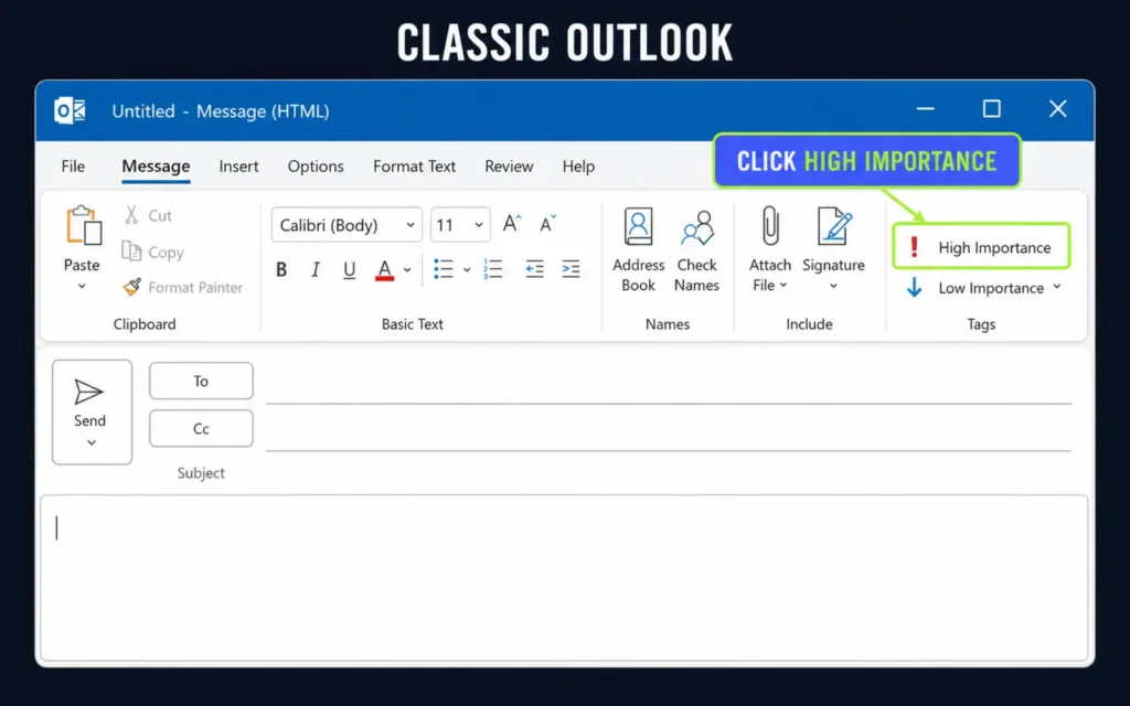 Classic Outlook compose window with the High Importance button highlighted on the Message ribbon