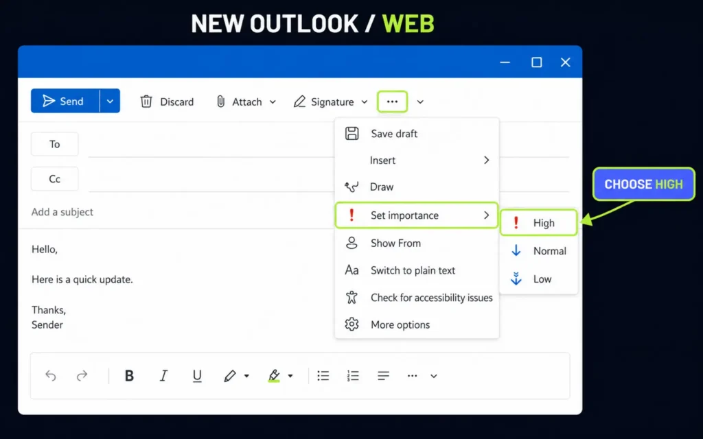 New Outlook and Outlook on the web menu showing Set importance and High selected