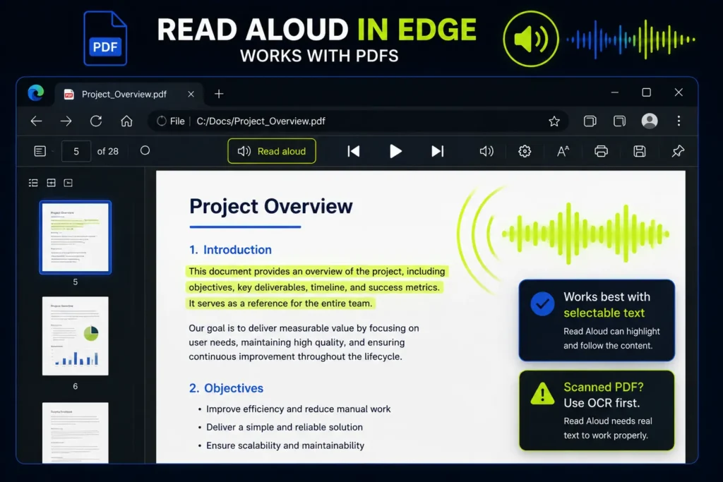 An infographic guide cover titled READ ALOUD IN EDGE WORKS WITH PDFS by TurboTasking. The central area features a Microsoft Edge window acting as a PDF viewer, displaying page 5 of a document named Project Overview. Sentences in the introduction are highlighted in green with neon soundwave graphics on the right. Two side callout boxes provide technical tips: one with a blue checkmark reading Works best with selectable text, and another with a yellow warning icon reading Scanned PDF? Use OCR first.