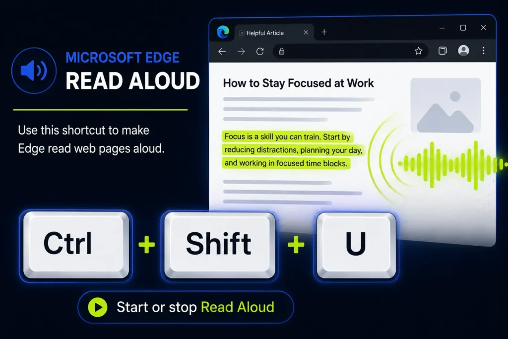 An infographic guide cover titled MICROSOFT EDGE READ ALOUD by TurboTasking. The left side includes text reading Use this shortcut to make Edge read web pages aloud. The right side displays a browser window showing an article titled How to Stay Focused at Work with paragraphs highlighted in green and green soundwave graphics. The bottom features large, prominent 3D-styled keyboard key caps for Ctrl plus Shift plus U, above a capsule button that reads Start or stop Read Aloud with a play icon.