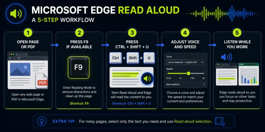 A comprehensive 5-step workflow infographic guide titled MICROSOFT EDGE READ ALOUD A 5-STEP WORKFLOW by TurboTasking. Step 1 labeled OPEN PAGE OR PDF shows a browser layout opening a webpage and a PDF icon. Step 2 labeled PRESS F9 IF AVAILABLE highlights a 3D F9 key cap to enter Reading Mode. Step 3 labeled PRESS CTRL plus SHIFT plus U details starting the text-to-speech feature. Step 4 labeled ADJUST VOICE AND SPEED displays the voice dropdown and speed slider bar settings interface. Step 5 labeled LISTEN WHILE YOU WORK illustrates side-by-side split screen productivity with a browser and spreadsheet windows. The footer includes an Extra Tip box for the Read aloud selection feature.