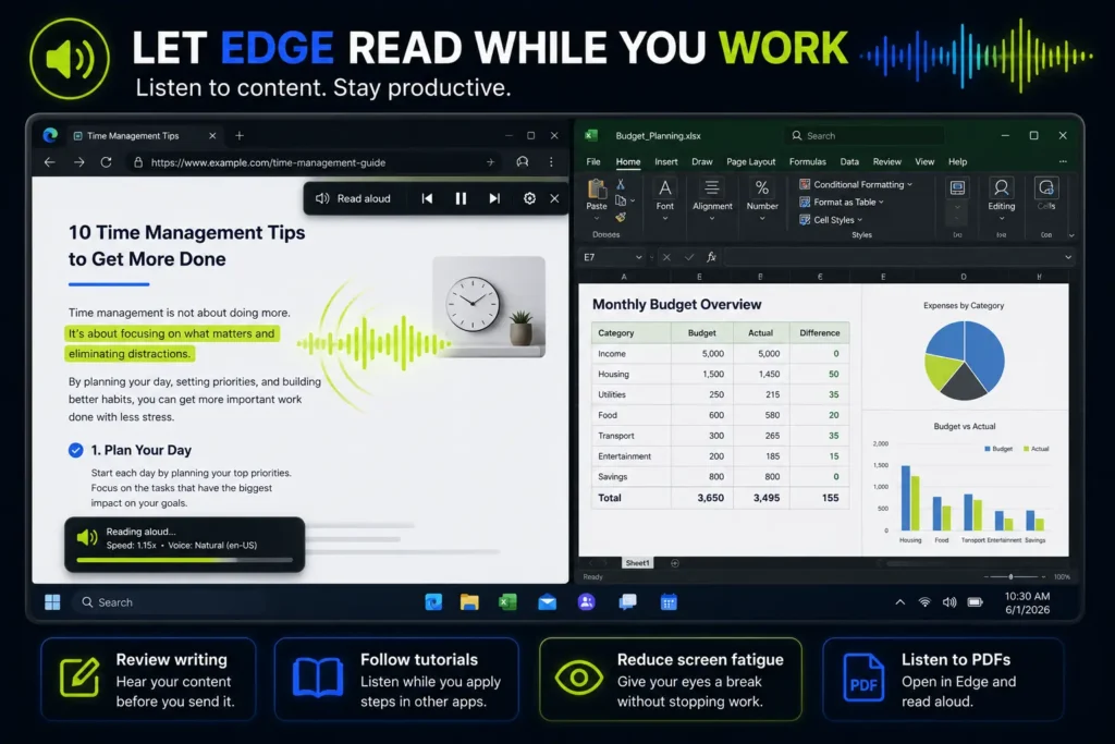 An infographic guide cover titled LET EDGE READ WHILE YOU WORK by TurboTasking, showcasing side-by-side split screen multitasking. The left side displays a Microsoft Edge browser window reading aloud an article titled 10 Time Management Tips, with active text highlighted in green and an audio toolbar. The right side features a Microsoft Excel spreadsheet interface displaying a Monthly Budget Overview table with charts. The bottom bar includes four descriptive capability icons: Review writing, Follow tutorials, Reduce screen fatigue, and Listen to PDFs.