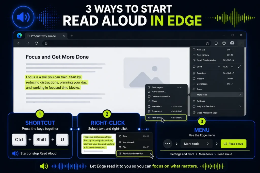 A comprehensive three-column infographic guide titled 3 WAYS TO START READ ALOUD IN EDGE by TurboTasking. Column 1, labeled SHORTCUT, displays the Ctrl plus Shift plus U key caps layout. Column 2, labeled RIGHT-CLICK, shows a cursor choosing Read aloud selection from a right-click context menu over a highlighted paragraph. Column 3, labeled MENU, details the browser interface path through the Settings dropdown menu to More tools and the Read aloud button. The footer features green audio waves with the text Let Edge read it to you so you can focus on what matters.