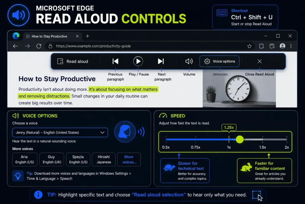 An infographic guide detailing the Microsoft Edge Read Aloud interface features. The top section breaks down the browser toolbar with text pointers for Previous paragraph, Play/Pause, Next paragraph, Volume, Voice options, and Close Read Aloud. The bottom left panel labeled VOICE OPTIONS highlights custom accent selections like Jenny, Aria, Guy, and Hiroshi. The bottom right panel labeled SPEED showcases an adjustable playback slider set to 1.25x speed, annotated with advice for technical text reading slower and familiar text reading faster.