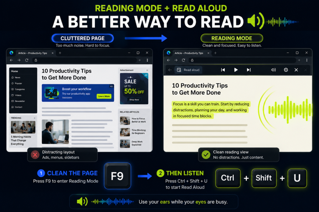 A side-by-side comparative infographic guide titled READING MODE plus READ ALOUD by TurboTasking. The left side displays a Cluttered Page browser view with a Distracting layout showing ads, sidebars, and menus, labeled Step 1: CLEAN THE PAGE, Press F9 to enter Reading Mode. A blue arrow points to the right side showcasing the Reading Mode window with a Clean reading view free of distractions, featuring a paragraph highlighted in green alongside audio soundwaves, labeled Step 2: THEN LISTEN, Press Ctrl plus Shift plus U to start Read Aloud.