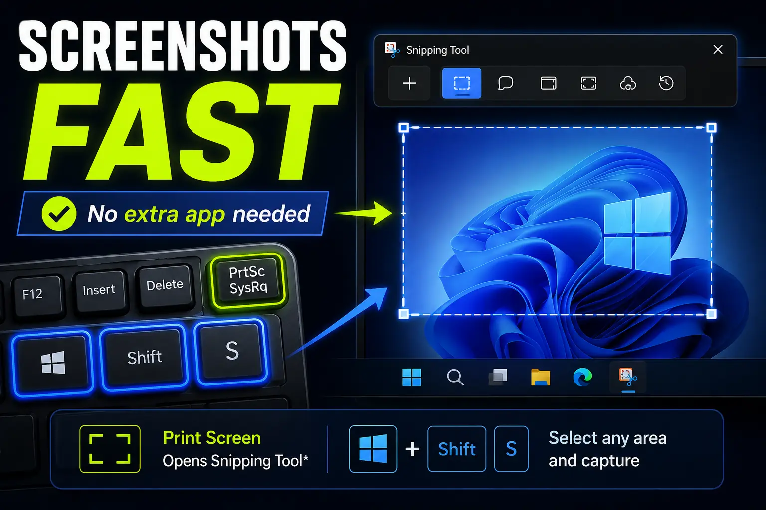 An infographic guide cover titled SCREENSHOTS FAST by TurboTasking, highlighting Windows built-in capture features with the sub-headline No extra app needed. The left side features a close-up of a keyboard with the Print Screen, Windows, Shift, and S keys highlighted in neon blue and green. Arrows point to the right side showcasing the active Windows Snipping Tool interface overlay capturing a desktop area. The bottom bar details keyboard key combinations with instructions to select any area and capture.