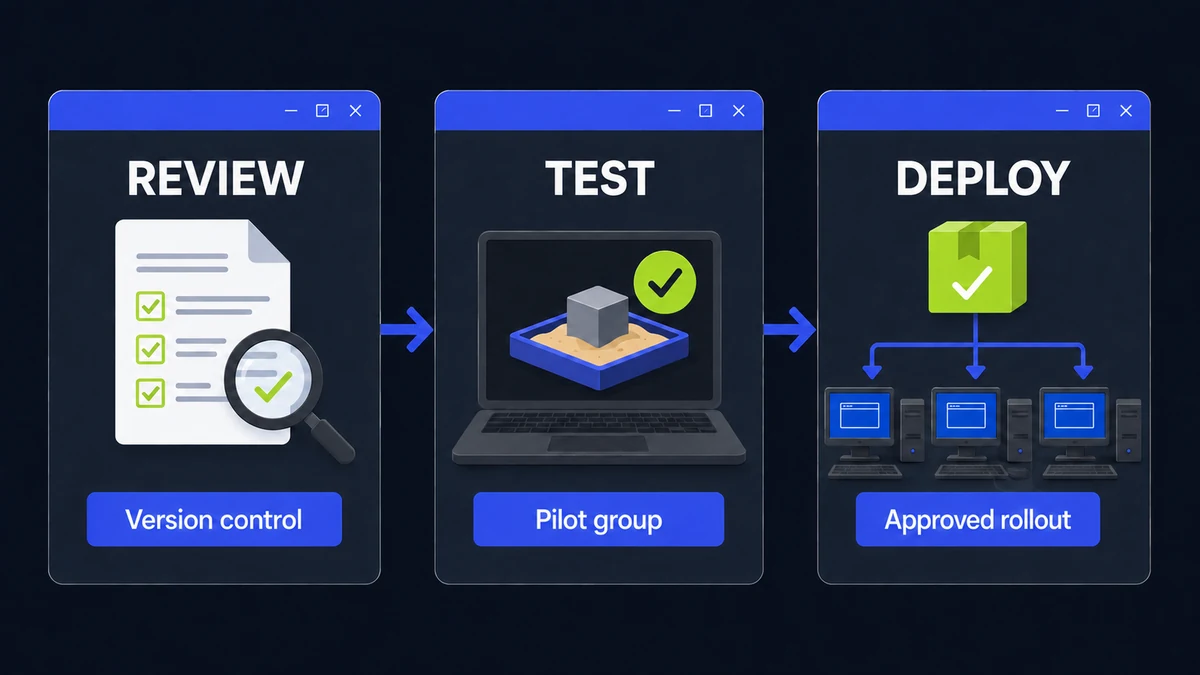Corporate workflow for reviewing, testing, and deploying Espanso and AutoHotkey configurations