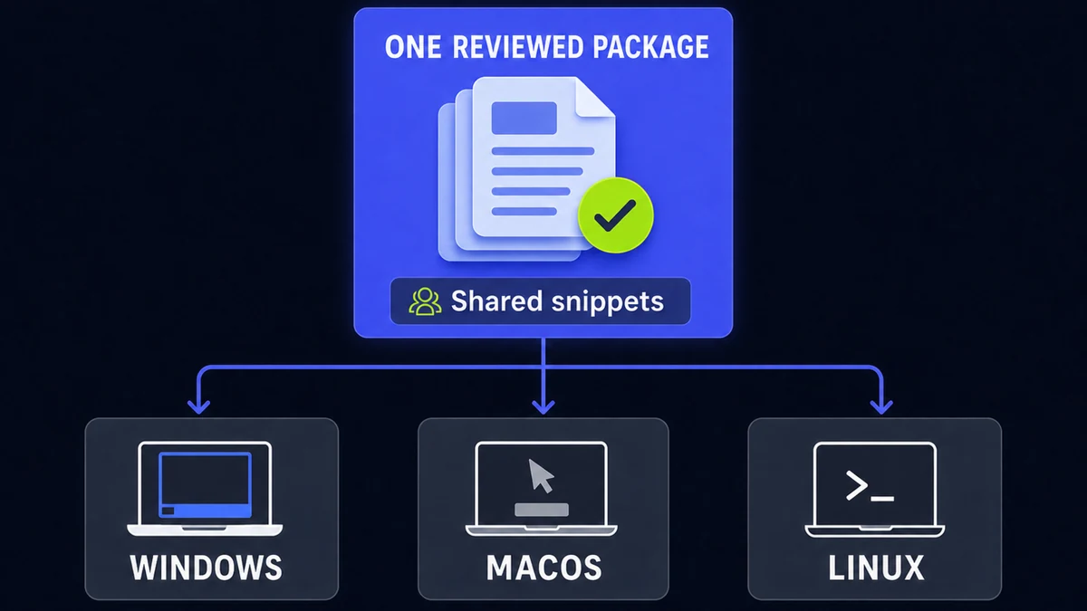 One reviewed Espanso package distributing approved wording across Windows, macOS, and Linux