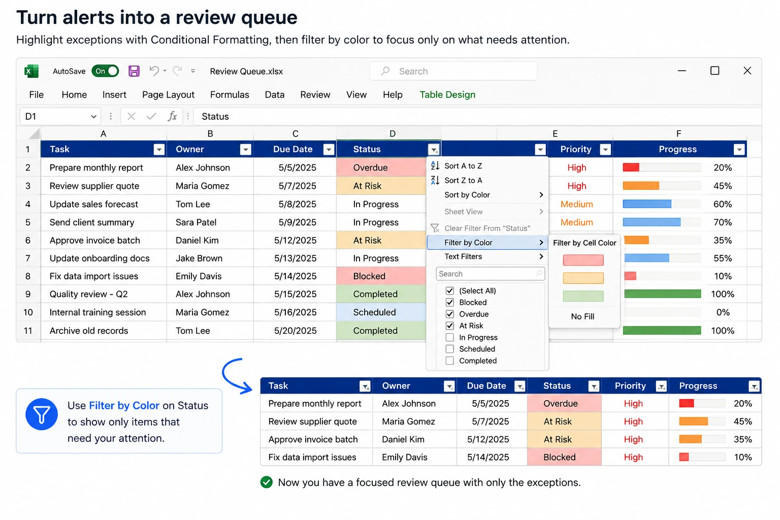 Excel Table filtered by color into a focused review queue