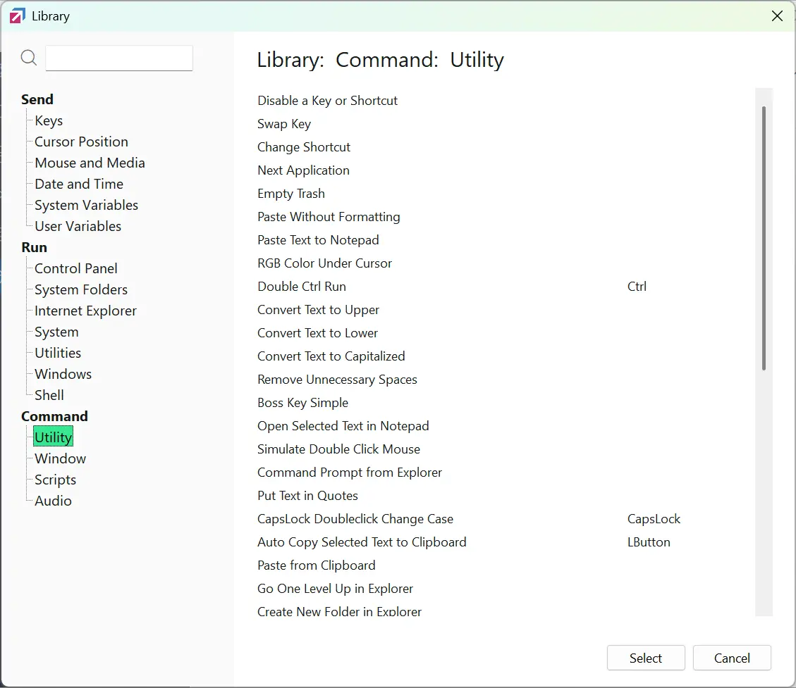FastKeys Library Command Utility showing prepared commands for clipboard, text, Explorer, and Windows tasks