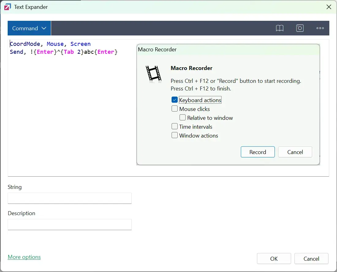 FastKeys Macro Recorder dialog with keyboard actions, mouse clicks, timing, and window action options