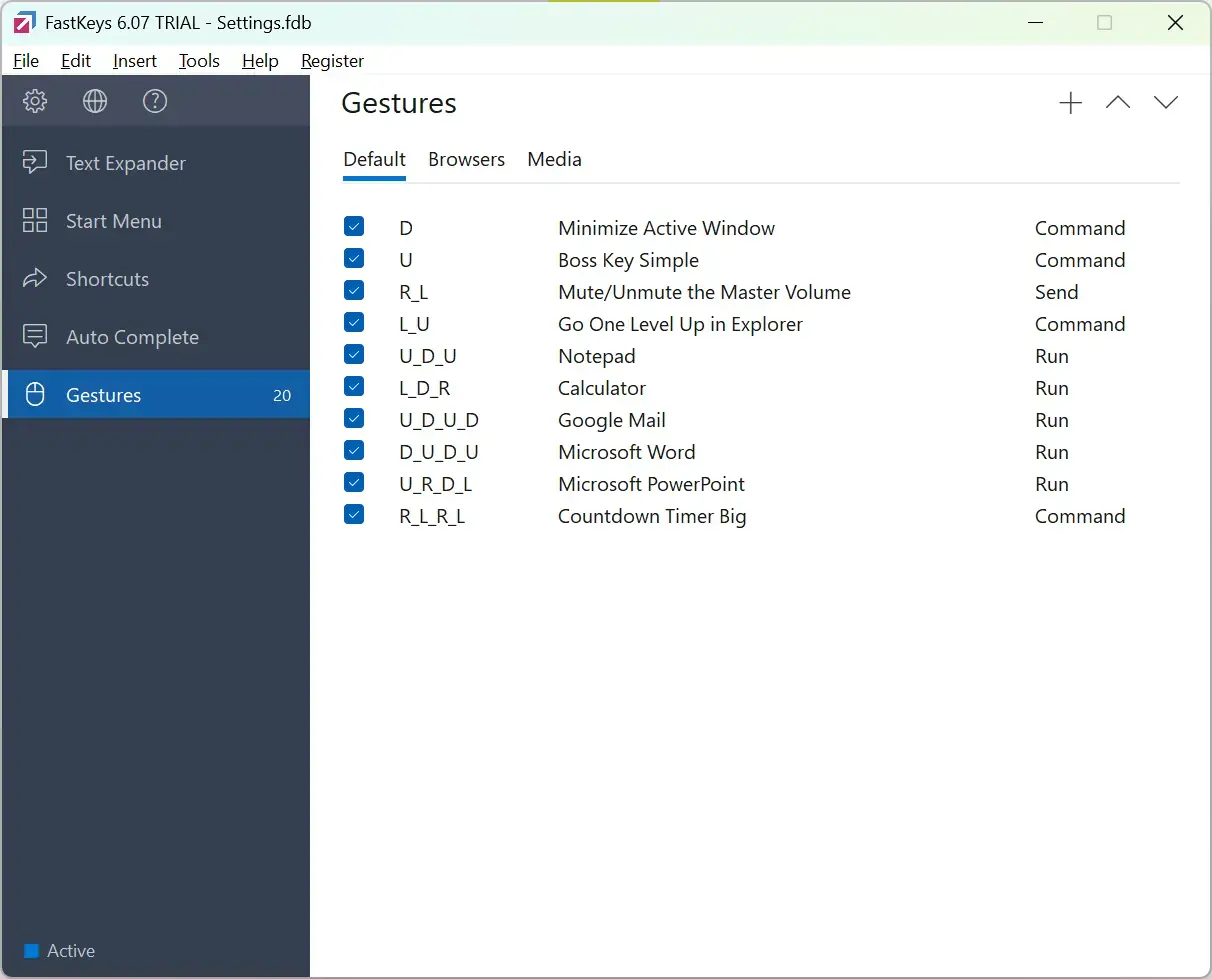 FastKeys Gestures module configured for Windows actions, applications, Explorer, and volume control