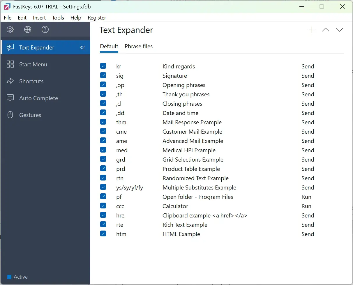 FastKeys Text Expander showing grid, product table, randomized text, clipboard, rich text, and HTML examples