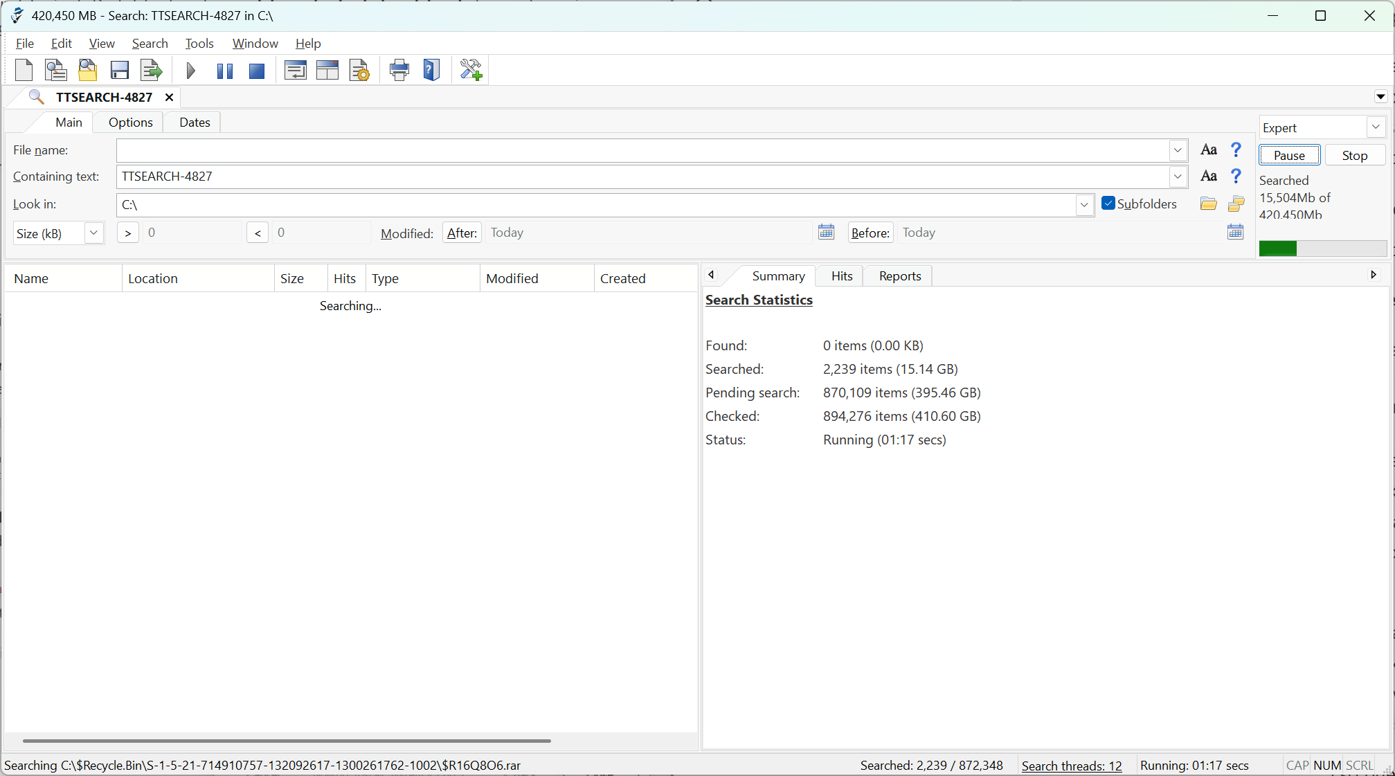 Agent Ransack Lite scanning a Windows folder for the text TTSEARCH-4827.