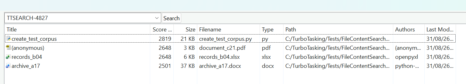 DocFetcher listing Word, Excel, and PDF files matching TTSEARCH-4827 from a prebuilt search index.