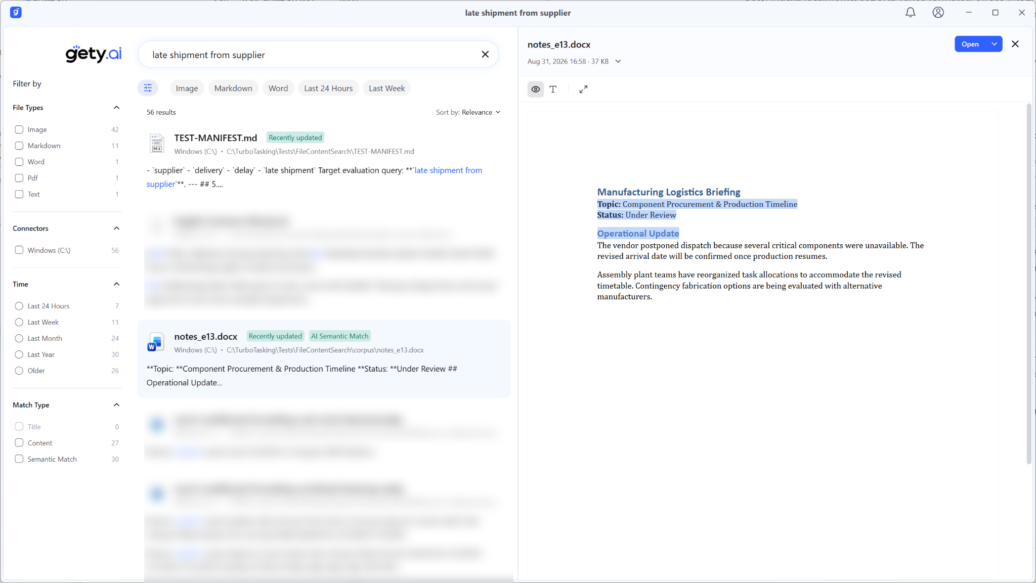 Gety semantic search finding a Word document about a postponed vendor dispatch from the query late shipment from supplier.