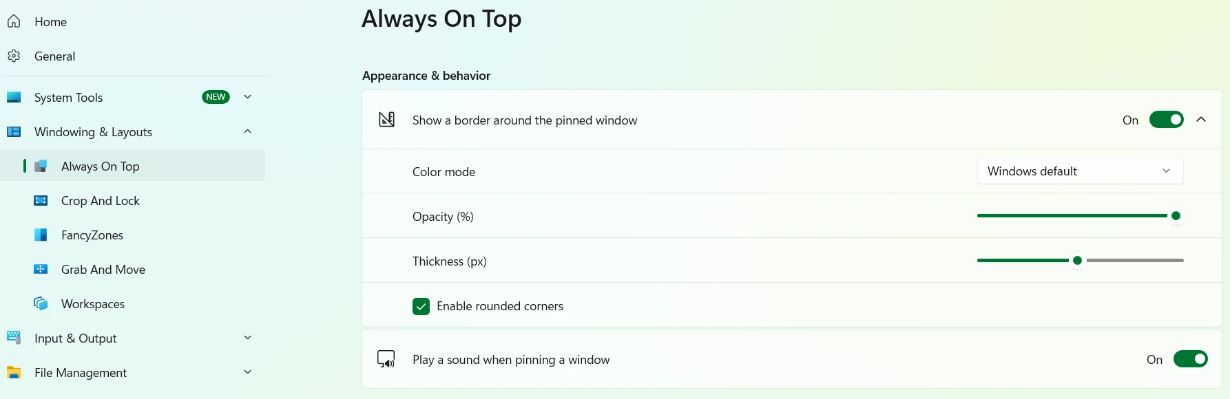 PowerToys Always On Top settings showing the option to remove the border around a pinned window.