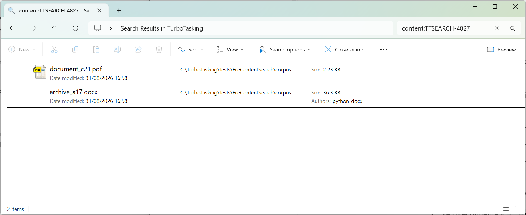Windows File Explorer using the content operator to find matching text inside a Word document and PDF.